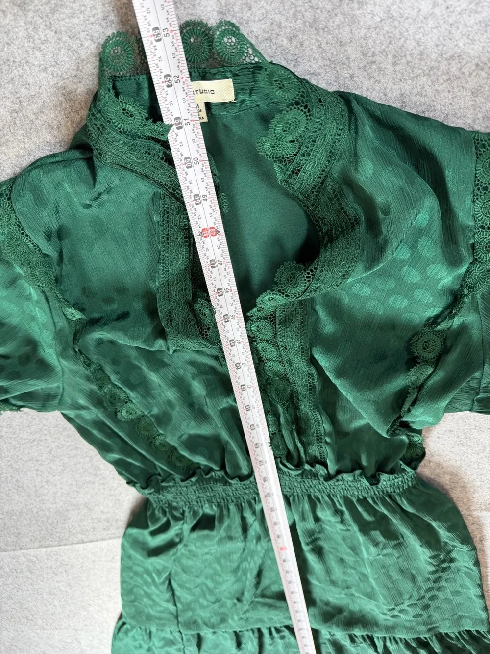 Max Studio Emerald Sheer Lace Satin Polka Dot Tiered Maxi Dress Forest Goddess - Picture 11 of 16